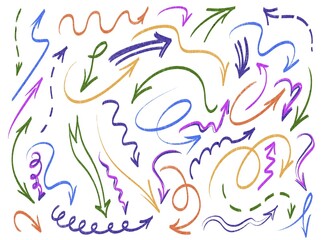Set of colorful hand drawn arrows in various shapes and directions. Includes sketch, doodle, outline, marker and pen styles. Suitable for infographic, navigation, business, and UI design.