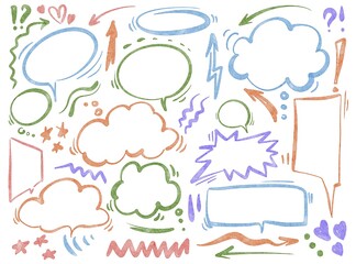 Hand drawn icon set with colorful chat symbols, arrows, and speech bubbles. Includes line drawings of messages, notifications, dialogs, and user interface elements for support and communication.