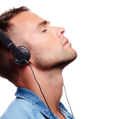 A man with closed eyes and head tilted back wearing black headphones against a black background space for text on transparent background
