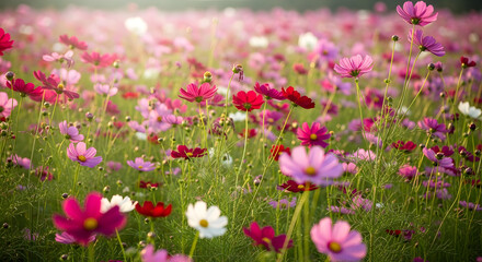 Fototapeta premium A vibrant field of cosmos flowers bathed in soft sunlight, showcasing a diverse array of pink, red, and white blossoms.