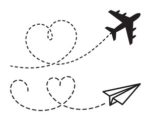 Airplane and Paper Plane Heart Flight Route Illustrations, vector illustration