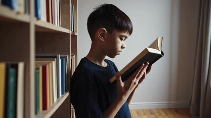 Young student reading book intently, standing near wooden bookshelf, embodying passion for learning and intellectual curiosity in quiet educational environment - Powered by Adobe
