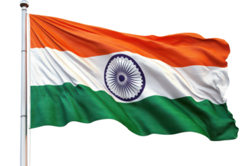 Indian flag waving proudly on flagpole national symbol saffron white green Ashoka Chakra isolated on a transparent background