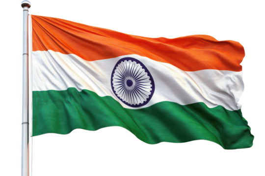 Indian flag waving proudly on flagpole national symbol saffron white green Ashoka Chakra isolated on a transparent background