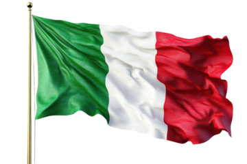 Italian flag waving proudly on a flagpole against a black background, isolated on a transparent background