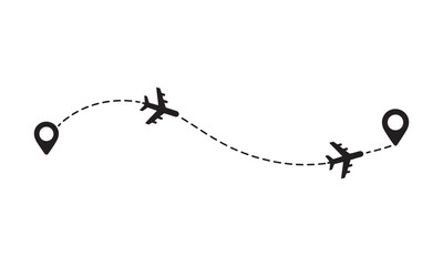 Airplane Flight Route with Location Pins and Dotted Path, vector illustration