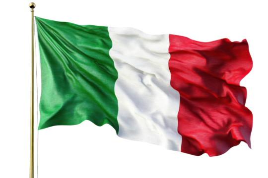 Italian flag waving proudly on a flagpole against a black background, isolated on a transparent background
