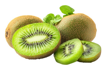 Fototapeta premium Juicy Kiwi Fruit Slices and Whole Kiwis with Green Leaves isolated on a transparent background