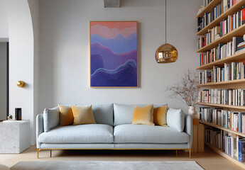 Modern and inviting living room with a stylish sofa, bookshelf filled with books and colorful abstract art, creating a cozy and sophisticated environment ideal for reading and relaxing.