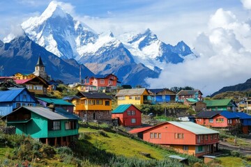 Colorful mountain town with homes and snowy background