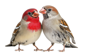 Two birds side by side a red bird and a brown bird on black background isolated on a transparent background