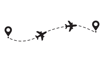 Airplane Flight Route with Location Pins and Dotted Path, vector illustration
