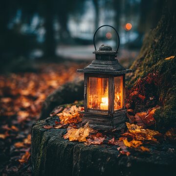 Candle-lit lantern with orange leaves in twilight setting