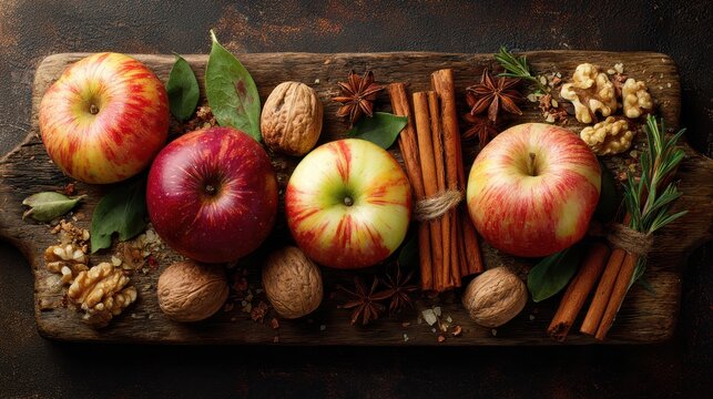 Fall apples with crushed nuts and bundled cinnamon on wooden board