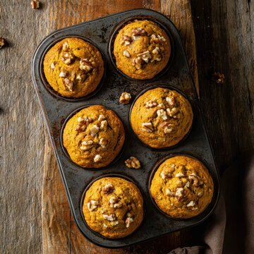 Pumpkin muffins with walnut pieces in rustic muffin tin