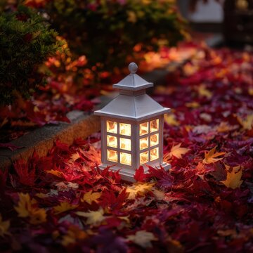 White lantern glowing among red fall leaves