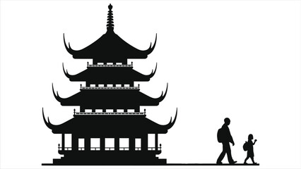 A family of tourists is walking towards a traditional pagoda isolated on white background