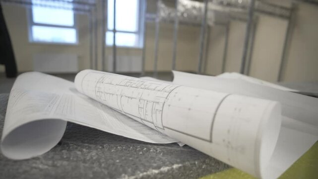 Architectural blueprints scattered across countertop wrapped in protective bubble wrap. Messy practical setting of construction preparation