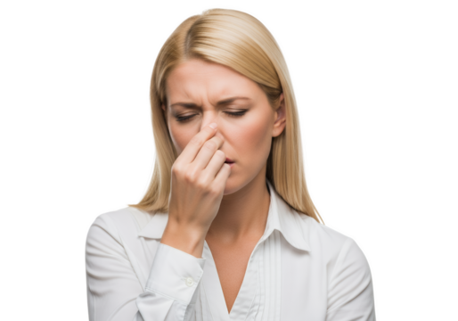 Blonde woman pinching her nose reacting to a terrible smell expression