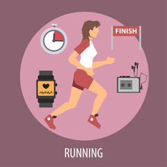 Running with Technology: An illustration of a woman runner, a smartwatch tracking vitals, a stopwatch, a finish line flag, and headphones, representing a fusion of health, fitness, and technology.