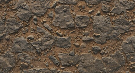 Overhead view of a dry rocky ground surface with large grey stones and cracked reddishbrown earth