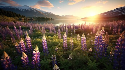 Golden mountain sunset and vibrant lavender fields paint a beautiful summer landscape under a colorful sky