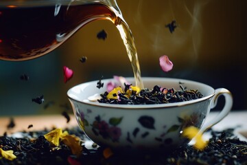 A teapot pours hot tea into a delicate floral cup. Dried tea leaves and colorful flower petals surround the cup, creating a warm and inviting atmosphere.