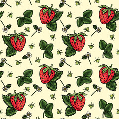 Seamless repeating pattern with ripe red strawberries, green leaves, flowers and unripe berries on cream background. Great for textile, packaging, and kitchen decor.