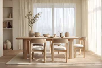 Japandi dining room combining Japanese simplicity and Scandinavian functionality. Neutral palette, wooden table with sleek chairs, ceramic tableware, minimal decoration, and soft natural light. 