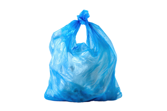 Blue plastic garbage bag tied at the top filled with trash isolated on black background isolated on a transparent background