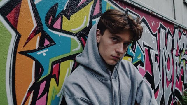 Jeune homme devant un mur de graffitis