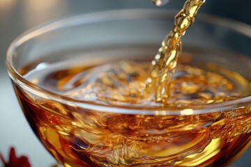 A close-up of amber liquid being poured into a clear glass bowl. The liquid creates ripples and bubbles as it fills the bowl.