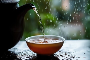 A teapot pours hot tea into a white bowl. Rain falls outside, creating a serene atmosphere. The scene captures a moment of relaxation and comfort.
