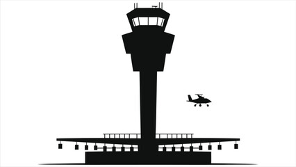 A black silhouette of an airport control tower with a helicopter flying nearby against a cloudy sky