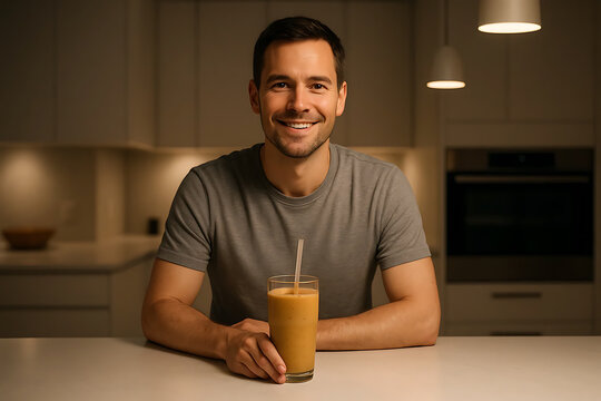  Man Drinking Smoothie in Cozy Modern Kitchen
