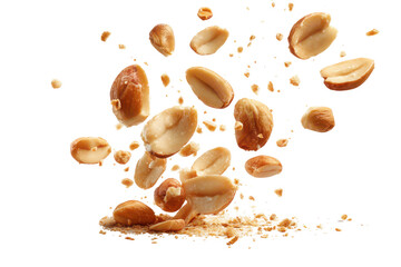 Roasted peanuts falling on black background delicious snack food isolated on a transparent background