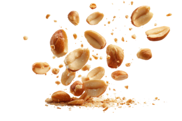 Roasted peanuts falling on black background delicious snack food isolated on a transparent background