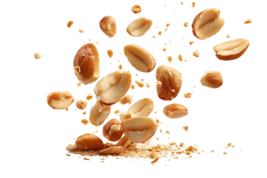 Roasted peanuts falling on black background delicious snack food isolated on a transparent background