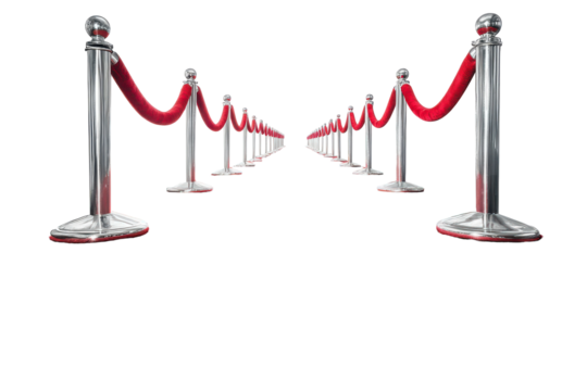 Red velvet ropes and stanchions create an exclusive pathway, isolated on a transparent background - Powered by Adobe