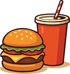 Cartoon Illustration of Burger and Soda