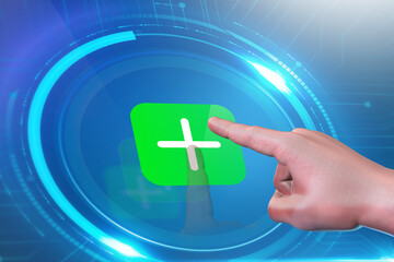 Adding to the digital world finger touching add button on screen
