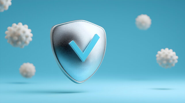 A metallic shield with a checkmark floats amid virus-like particles on a blue background, symbolizing protection and immunity.
