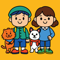 cartoon-doodle-children-with-pet-animals--simple-