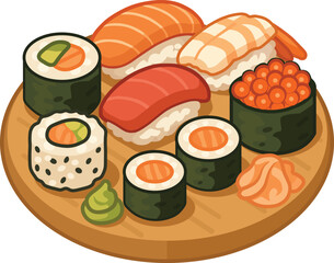 Illustration of Assorted Sushi on a Wooden Plate 
