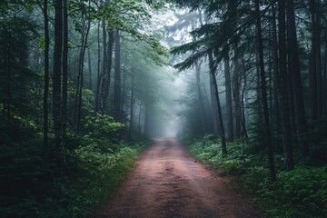 Fototapeta premium Foggy dirt path surrounded by evergreen trees