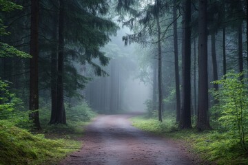 Obraz premium Forest pathway with fog and morning light