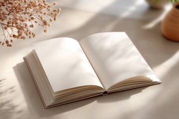 Minimalistic mockup of an open notebook on a light table with soft sunlight and shadows from plants. Perfect for cover design, notes or presentations.