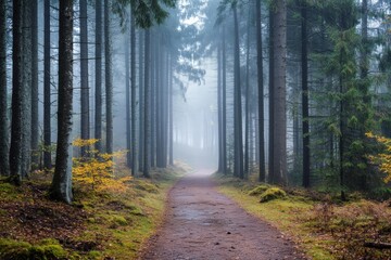 Fototapeta premium Woodland trail in fog with towering trees