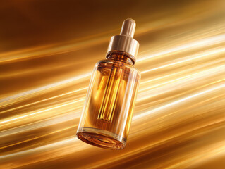 Sleek serum bottle with dropper, featuring golden liquid inside, is set against dynamic golden background, conveying luxury and elegance. image captures essence of beauty and skincare