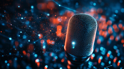 A studio microphone stands out against a modern backdrop of luminous dots and network connections, perfect for podcasting or broadcasts.